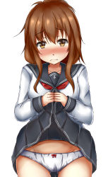 Rule 34 | bad id, bad pixiv id, black skirt, blush, breasts, brown eyes, brown hair, clothes lift, commentary, dress, embarrassed, groin, hair between eyes, highres, inazuma (kancolle), kantai collection, lifted by self, long hair, looking at viewer, neckerchief, panties, pantyshot, sailor collar, sailor dress, school uniform, serafuku, simple background, skirt, skirt lift, small breasts, solo, terakoya, thighs, underwear, white background, white panties