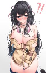 Rule 34 | 1girl, absurdres, black choker, black hair, blue eyes, blush, breasts, choker, cleavage, covering privates, covering crotch, hair ornament, hairclip, headphones, headphones around neck, highres, large breasts, long hair, looking at viewer, nekoya minamo, no bra, no panties, off shoulder, original, simple background, solo, sweater, sweater vest, undressing, white background, yellow sweater