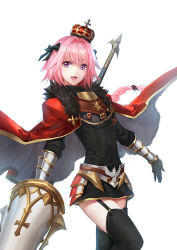 Rule 34 | 1boy, astolfo (fate), black bow, black fur, black thighhighs, bow, braid, cape, cowboy shot, crown, fang, fate/grand order, fate (series), fooltown, fur-trimmed cape, fur trim, garter straps, gold trim, hair bow, hair intakes, holding, holding polearm, holding weapon, lance, long hair, male focus, multicolored hair, open mouth, pink hair, polearm, purple eyes, red cape, simple background, single braid, skin fang, solo, streaked hair, thighhighs, trap, weapon, white background, white hair