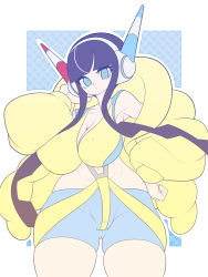 Rule 34 | 1girl, absurdres, bare shoulders, black hair, blue eyes, blunt bangs, breasts, cameltoe, cleavage, cleft of venus, closed mouth, coat, collarbone, commentary, creatures (company), down jacket, elesa (pokemon), fur coat, game freak, gym leader, hand up, headphones, highres, jacket, kaikoinu, looking at viewer, nail polish, nintendo, pokemon, pokemon bw2, puffer coat, short hair with long locks, skindentation, solo, two-tone background, wide hips, yellow coat