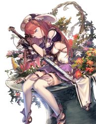 Rule 34 | 10s, 1girl, blue eyes, branch, breasts, brown hair, commentary request, dutch angle, fantasy, feathers, flower, gauntlets, gloves, hat, holding, holding sword, holding weapon, lace, lace-trimmed skirt, lace trim, looking at viewer, medium breasts, orange flower, overgrown, plant, purple flower, purple skirt, red flower, sheath, sheathed, shingeki no bahamut, shoes, sideboob, simple background, single gauntlet, sitting, skirt, solo, sword, thighhighs, thighs, u jie, weapon, white background, white flower, white thighhighs