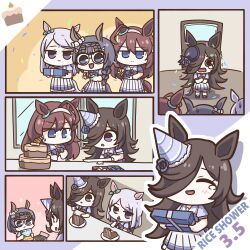 Rule 34 | 4girls, ahoge, animal ears, aqua bow, birthday, birthday cake, black eyes, black hair, blue eyes, blue flower, blue headwear, blue rose, bow, bowtie, braid, brown footwear, brown hair, cake, cake slice, carrot, character name, chibi, chocolate cake, closed eyes, comic, commentary, crown braid, dated, door, ear bow, ear ornament, eating, english commentary, fascinator, flipped hair, flower, food, forgemod1oader, fork, gift, glasses, grey hairband, hair between eyes, hair over one eye, hairband, happy birthday, hat, hat flower, highres, holding, holding fork, holding knife, horse ears, horse girl, horse tail, indoors, jitome, knife, light purple hair, loafers, mejiro mcqueen (umamusume), mihono bourbon (umamusume), multiple girls, no mouth, orange background, outline, parted bangs, party hat, picture book, pink background, plate, puffy short sleeves, puffy sleeves, purple background, purple bow, purple bowtie, purple eyes, purple shirt, rice shower (umamusume), rose, round eyewear, sailor collar, sailor shirt, shirt, shoes, short sleeves, side braid, silent comic, skirt, sweatdrop, swept bangs, tail, tearing up, thighhighs, tilted headwear, trembling, umamusume, white sailor collar, white skirt, white thighhighs, window, zenno rob roy (umamusume)