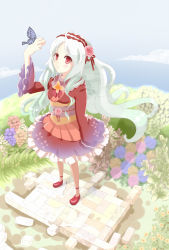 Rule 34 | 1girl, arm up, bug, butterfly, dress, highres, bug, long hair, original, puracotte, red eyes, silver hair, solo