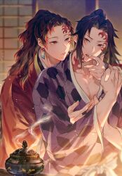 Rule 34 | 2boys, absurdres, black hair, blurry, blurry background, blush, brothers, closed mouth, collarbone, commentary request, earrings, facial tattoo, finger in another&#039;s mouth, hanafuda, hanafuda earrings, hands up, haori, high ponytail, highres, honeycomb (pattern), incense, incense burner, indoors, jacket, japanese clothes, jewelry, kimetsu no yaiba, kimono, long hair, long sleeves, looking at another, male focus, multicolored hair, multiple boys, neck tattoo, open mouth, oyumai, parted bangs, pectoral cleavage, pectorals, ponytail, purple kimono, red eyes, red hair, red jacket, ribbon, shouji, siblings, sidelocks, sliding doors, smile, tattoo, teeth, tsugikuni michikatsu, tsugikuni yoriichi, white ribbon, wide sleeves, yaoi