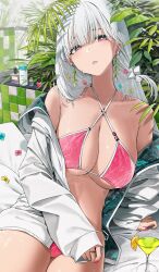 Rule 34 | 1girl, bare shoulders, bikini, blunt bangs, breasts, bright pupils, cleavage, commentary, cup, drinking glass, ear piercing, earrings, english commentary, fingernails, floral print bikini, halterneck, highres, jacket, jewelry, large breasts, long hair, long sleeves, looking at viewer, applying manicure, midriff, nail polish, noeru, off shoulder, open clothes, open jacket, open mouth, original, piercing, pink bikini, pink eyes, pink nails, plant, puffy long sleeves, puffy sleeves, ring, sleeves past wrists, solo, swimsuit, white hair, white jacket, white pupils