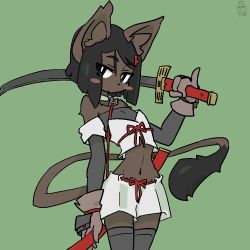 Rule 34 | 1girl, bare shoulders, black eyes, black hair, boots, cat, female focus, furry, furry female, green background, looking at viewer, navel, simple background, skirt, solo, sword, tail, the amboina, thighhighs, upper body, weapon, white skirt