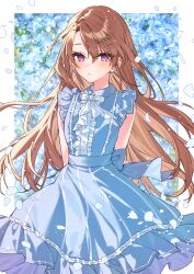 Rule 34 | 1girl, arms behind back, blue flower, blue shirt, blue skirt, blush, bow, brown hair, center frills, closed mouth, collared shirt, commentary request, flower, frills, hair between eyes, hair ornament, hairclip, hanagata, highres, long hair, looking at viewer, original, parted bangs, purple eyes, shirt, skirt, sleeveless, sleeveless shirt, solo, very long hair, white bow