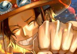 Rule 34 | 1boy, ^ ^, black hair, close-up, closed eyes, commentary request, freckles, hand on headwear, hat, highres, male focus, one piece, orange hat, piry, portgas d. ace, short hair, sky, smile, solo