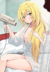 Rule 34 | 1girl, bathrobe, blonde hair, breasts, closed mouth, commentary request, crossed legs, drying, drying hair, hair between eyes, hair dryer, highres, holding, holding hair dryer, indoors, k3rd, long hair, looking at viewer, medium breasts, on bed, shokuhou misaki, sitting, solo, sparkling eyes, toaru kagaku no mental out, toaru kagaku no railgun, toaru majutsu no index, yellow eyes