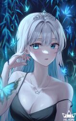Rule 34 | 1girl, absurdres, aqua eyes, aqua hair, black dress, black nails, blue butterfly, blunt bangs, blush, breasts, bug, butterfly, cleavage, collarbone, colored inner hair, dress, glint, grey hair, hair between eyes, hair intakes, hand in own hair, highres, huion, insect, jewelry, logo, looking at viewer, medium breasts, mole, mole under eye, multicolored hair, necklace, off shoulder, original, parted lips, solo, tiara, willow, wolla