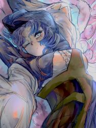 Rule 34 | 1girl, blue eyes, blue hair, blush, breasts, center frills, closed mouth, commentary request, frills, highres, hood, kumoi ichirin, long sleeves, looking at viewer, medium breasts, one eye closed, solo, touhou, umaieokakitai