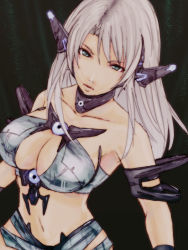 Rule 34 | 1girl, alva, blue eyes, breasts, cleavage, cleavage cutout, clothing cutout, grey hair, large breasts, long hair, solo, white hair