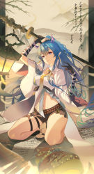 Rule 34 | 1girl, absurdres, arknights, arm up, black shorts, blue eyes, blue hair, coat, commentary, head tilt, highres, holding, holding staff, horns, kawausoman, lantern, ling (arknights), long hair, looking at viewer, navel, necktie, open clothes, open coat, pointy ears, seiza, shirt, short shorts, shorts, sitting, smile, solo, staff, stomach, strapless, strapless shirt, thigh strap, thighs, very long hair, white coat, white shirt, yellow necktie