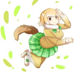 Rule 34 | 10s, 1girl, animal ears, arm up, black-tailed prairie dog (kemono friends), bow, brown hair, footwear bow, fur collar, green neckwear, green skirt, highres, kemono friends, long sleeves, looking at viewer, miniskirt, plaid, plaid skirt, shoes, skirt, smile, solo, tail, tamiku (shisyamo609), thighhighs, white background, white footwear