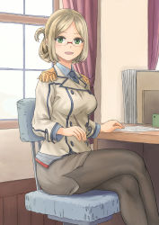 Rule 34 | 1girl, buttons, chair, collared shirt, commentary request, crossed legs, desk, double-breasted, epaulettes, feet out of frame, folded ponytail, glasses, green eyes, highres, indoors, jacket, kantai collection, katori (kancolle), light brown hair, looking at viewer, military, military uniform, necktie, pantyhose, parted bangs, pencil skirt, pointer, rimless eyewear, shirt, sitting, skirt, smile, solo, taruya, uniform, window