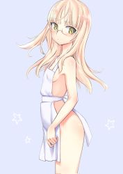 Rule 34 | 1girl, aohashi ame, apron, blonde hair, blue background, blush, breasts, closed mouth, eyebrows hidden by hair, from side, glasses, highres, long hair, looking to the side, naked apron, perrine h. clostermann, shiny skin, sideboob, simple background, small breasts, solo, strike witches, world witches series, yellow eyes