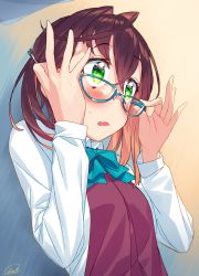 Rule 34 | 1girl, adjusting eyewear, blew andwhite, blush, bow, bowtie, brown hair, glasses day, green eyes, highres, kantai collection, long sleeves, looking away, multicolored hair, okinami (kancolle), open mouth, short hair, solo, two-tone hair, upper body