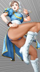 Rule 34 | 1girl, ass, boots, bracelet, breasts, brown eyes, brown hair, cameltoe, capcom, china dress, chinese clothes, chun-li, commentary request, cross-laced footwear, double bun, dress, earrings, hair bun, highres, jewelry, knee boots, lace-up boots, leg up, legs, medium breasts, open mouth, panties, pantyhose, pelvic curtain, puffy short sleeves, puffy sleeves, short sleeves, simple background, solo, spiked bracelet, spikes, street fighter, thighs, underwear, white footwear, x chitch