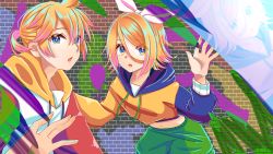 Rule 34 | 1boy, 1girl, balloon, blonde hair, blue eyes, bow, brick wall, colorful, commentary, drawstring, feathers, hair bow, highres, hood, hoodie, kagamine len, kagamine rin, looking at viewer, midriff, navel, open mouth, orange hoodie, ponta (poqpon), reflection, short ponytail, shorts, spiked hair, upper body, vocaloid, white bow