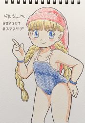 Rule 34 | 1girl, blonde hair, blue eyes, blue one-piece swimsuit, blush, bracelet, braid, breasts, child, collarbone, dragon quest, dragon quest xi, hand on own hip, hat, highres, index finger raised, jewelry, long hair, looking at viewer, marup, one-piece swimsuit, red hat, school swimsuit, small breasts, smile, square enix, standing, swimsuit, twin braids, veronica (dq11)