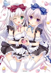 Rule 34 | 10s, 2girls, ;d, airi (alice or alice), alice or alice, ameto yuki, apron, artist name, asymmetrical docking, blue bow, blue footwear, blush, bow, breast press, breasts, chestnut mouth, collarbone, detached collar, dress, frilled apron, frilled sleeves, frills, garter straps, green eyes, hair bow, heart, heart hands, heart hands duo, heart-shaped lollipop, highres, large breasts, legs up, light purple hair, long hair, mary janes, multiple girls, one eye closed, open mouth, parted lips, puffy short sleeves, puffy sleeves, purple eyes, red bow, red footwear, rise (alice or alice), shaped lollipop, shoes, short sleeves, siblings, silhouette, silver hair, sisters, smile, sparkle, thighhighs, twins, very long hair, waist apron, white apron, white legwear, wrist cuffs