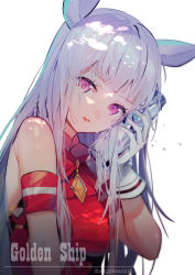 Rule 34 | 1girl, animal ears, bare shoulders, blunt bangs, bottle, dress, gloves, gold ship (umamusume), grey hair, hibari hina, highres, holding, holding bottle, horse ears, horse girl, long hair, looking at viewer, monochrome background, parted lips, pink eyes, red dress, simple background, solo, sweat, umamusume, white background, white gloves