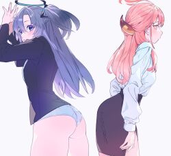 Rule 34 | 2girls, aru (blue archive), ass, black shirt, black skirt, blue archive, blush, brown horns, closed mouth, cowboy shot, demon horns, grey background, hair between eyes, halo, highres, horns, long hair, long sleeves, looking at viewer, mechanical halo, multiple girls, panties, parted lips, pink hair, pink halo, purple eyes, purple hair, shirt, simple background, skirt, two side up, underwear, valentine (02140314c), white background, white panties, white shirt, yellow eyes, yuuka (blue archive)