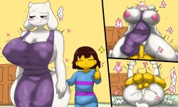 Rule 34 | 1boy, 1girl, ?, absurdres, age difference, ass, bed, bedroom, blush, breasts, brown hair, completely nude, english text, enigi09, frisk (undertale), furry, furry female, furry with non-furry, heart, highres, huge ass, huge breasts, interspecies, mating press, missionary, nude, on bed, sex, short hair, size difference, speech bubble, tongue, tongue out, toriel, undertale