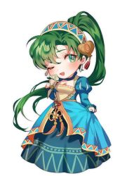 Rule 34 | 1girl, bouquet, chibi, dress, fire emblem, fire emblem: the blazing blade, fire emblem heroes, flower, full body, green eyes, green hair, heart, high ponytail, holding, holding bouquet, long hair, lyn (fire emblem), lyn (valentine) (fire emblem), nintendo, ponytail, simple background, smile, solo, standing, very long hair, white background