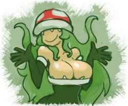Rule 34 | 1girl, bad id, bad tumblr id, bare shoulders, breasts, cleavage, covered eyes, dress, elbow gloves, gloves, green hair, large breasts, long hair, mario (series), minuspal, nintendo, off-shoulder dress, off shoulder, personification, piranha plant, smile, solo