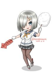 Rule 34 | 1girl, black pantyhose, blue eyes, brown pantyhose, cotton candy, dated, gloves, grey skirt, hair ornament, hair over one eye, hairclip, hamakaze (kancolle), ikayaki, kantai collection, looking at viewer, masara (chuujou), neckerchief, pantyhose, pleated skirt, school uniform, serafuku, short hair, short sleeves, silver hair, simple background, skirt, solo, squid, twitter username, white background, white gloves, yellow neckerchief