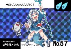 Rule 34 | 1girl, animal hood, black eyes, bloop (gawr gura), blue eyes, blue hair, character name, chibi, copyright name, fins, fish tail, gawr gura, gawr gura (1st costume), holding, holding weapon, hololive, hololive english, hood, konboi-eg, looking at viewer, multicolored hair, open hand, polearm, shark hood, shark tail, sharp teeth, silver hair, solo focus, streaked hair, tail, teeth, trading card, trident, v-shaped eyebrows, virtual youtuber, weapon