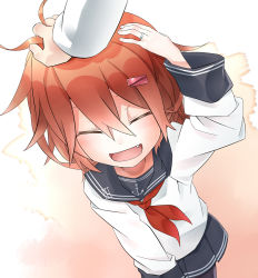 Rule 34 | 10s, 1girl, anchor symbol, bad id, bad pixiv id, black legwear, blush, brown hair, commentary request, closed eyes, fang, hair between eyes, hair ornament, hairclip, hand on another&#039;s head, hand on own head, headpat, highres, ikazuchi (kancolle), jewelry, kantai collection, long sleeves, manarou, neckerchief, open mouth, pleated skirt, red neckerchief, ring, school uniform, serafuku, short hair, skirt, smile, solo focus, wedding band