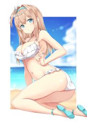 Rule 34 | 1girl, ass, bad id, bad twitter id, beach, bikini, blonde hair, blue eyes, blush, breasts, cleavage, cloud, collarbone, commentary request, day, frilled bikini, frills, girls&#039; frontline, hair ornament, hairband, highres, large breasts, long hair, looking at viewer, navel, official alternate costume, open mouth, rabbit hair ornament, sandals, sky, solo, sparkle, suomi (girls&#039; frontline), suomi (midsummer pixie) (girls&#039; frontline), swimsuit, water, white background, white bikini, yuzu-aki