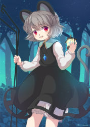 Rule 34 | 1girl, animal ears, bishamonten&#039;s pagoda, bloomers, commentary request, dowsing rod, dress, forest, grey hair, holding, iris anemone, jewelry, mouse ears, mouse tail, nature, nazrin, pendant, red eyes, round teeth, short hair, solo, tail, teeth, touhou, underwear