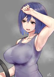 Rule 34 | 1girl, arm up, armpits, bad id, bad pixiv id, bare arms, bare shoulders, blue hair, breasts, brown eyes, grey background, hand on own head, highres, holding, large breasts, nail polish, nijisanji, open mouth, pink nails, ring-con, ring fit adventure, shizuka rin, short hair, signature, simple background, sleeveless, solo, steaming body, sweat, sweaty clothes, tank top, upper body, virtual youtuber, wet, wet clothes, yoshiwa tomo