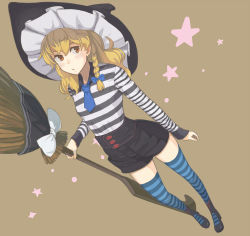 Rule 34 | 1girl, adapted costume, ascot, bad id, bad pixiv id, black footwear, blonde hair, blue ascot, blue bow, blue thighhighs, bow, braid, broom, contemporary, full body, hair bow, hat, holding, kirisame marisa, long hair, long sleeves, looking away, p no hito, ribbon, shirt, shoes, shorts, side braid, simple background, single braid, solo, standing, striped clothes, striped shirt, striped thighhighs, thighhighs, touhou, witch hat, yellow eyes, zettai ryouiki