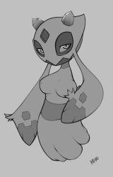 Rule 34 | 1girl, absurdres, artist name, breast hold, breasts, creatures (company), crystal, female focus, froslass, full body, game freak, gen 4 pokemon, grey background, greyscale, half-closed eyes, hand up, highres, kektails, large breasts, looking at viewer, monochrome, nintendo, no humans, pokemon, pokemon (creature), sash, signature, simple background, solo