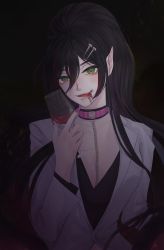 Rule 34 | black background, black dress, black hair, blood, blood from mouth, breasts, call boy (vocaloid), cleavage, cup, dress, drinking glass, eyeshadow, fang, green eyes, highres, holding, holding cup, lab coat, long hair, looking at viewer, makeup, mika melatika, nijisanji, nijisanji id, open mouth, pointy ears, ponytail, red eyeshadow, s h i e, smile, solo, virtual youtuber, vocaloid, wine glass