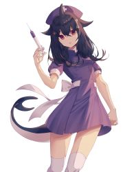 Rule 34 | 1girl, alternate costume, black hair, bow, commentary, commission, english commentary, fins, fish tail, hat, head tilt, highres, hi~, holding, holding syringe, indie virtual youtuber, looking at viewer, mako sameshima, mole, mole under eye, nurse, nurse cap, open mouth, purple hat, red eyes, second-party source, shark girl, shark tail, shiroi ou, solo, syringe, tail, thighhighs, virtual youtuber, white background, white bow