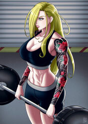Rule 34 | 1girl, arm tattoo, blonde hair, blue eyes, breasts, cleavage, dumbbell, exercise, female focus, flower, fullmetal alchemist, hair over one eye, highres, large breasts, long hair, muscular, muscular female, olivier mira armstrong, solo, sports bra, sweat, tattoo, thick lips, valenvenge, weightlifting