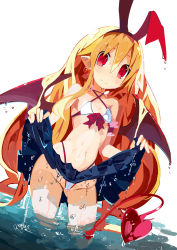 Rule 34 | 1girl, absurdres, blonde hair, clothes lift, demon girl, disgaea, flonne, flonne (fallen angel), highres, lifting own clothes, long hair, miyakawa106, pointy ears, red eyes, skirt, solo, swimsuit, water, wings