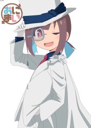 Rule 34 | 1girl, absurdres, artist name, bambi2000line, brown hair, cape, cosplay, formal, gloves, hat, highres, hozuki momiji, kaitou kid, kaitou kid (cosplay), looking at viewer, meitantei conan, monocle, necktie, one eye closed, onii-chan wa oshimai!, parody, red eyes, short hair, simple background, solo, suit, title, top hat, white background, white suit