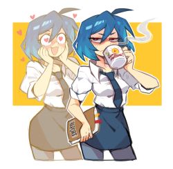 Rule 34 | 1girl, ahoge, black pantyhose, blue hair, blue neckwear, blue skirt, blush, borrowed character, closed mouth, coffee mug, cup, drinking, heart, heart-shaped pupils, highres, holding, holding cup, looking at viewer, mug, office lady, open mouth, original, pantyhose, pencil skirt, pink eyes, shirt, short hair, skirt, skye (hcnone), sleeves rolled up, solo, sui (suizilla), symbol-shaped pupils, white shirt