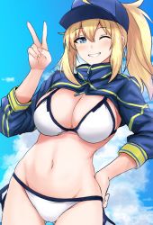 Rule 34 | 1girl, artoria pendragon (fate), baseball cap, bikini, blue eyes, blue sky, blush, breasts, cleavage, cloud, cowboy shot, day, fate/grand order, fate (series), gluteal fold, hair between eyes, hand on own hip, hat, highres, large breasts, mysterious heroine x (fate), mysterious heroine xx (fate), navel, one eye closed, ponytail, poshi (ginmokusei), shrug (clothing), side-tie bikini bottom, sky, smile, solo, stomach, stomach day, swimsuit, v