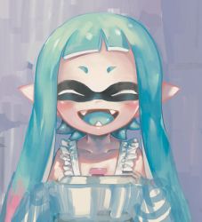 Rule 34 | 1girl, apron, bad id, bad twitter id, blue hair, blue tongue, blunt bangs, blush, closed eyes, collarbone, colored tongue, fangs, gradient background, holding, inkling, inkling girl, inkling player character, lowres, nintendo, open mouth, pointy ears, pot, purple background, short hair with long locks, smile, solo, splatoon (series), splatoon 1, tentacle hair, yousuke (yosk)