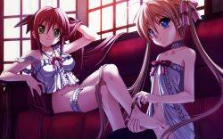 Rule 34 | 2girls, adjusting hair, ahoge, akitsuhara mizuho, babydoll, bare shoulders, barefoot, black thighhighs, blonde hair, blouse, blue eyes, bottomless, bridal garter, bustier, camisole, choker, couch, crossed legs, feet, flat chest, foot worship, green eyes, hair ribbon, hands on feet, highres, holding another&#039;s foot, like a butler, lingerie, long hair, multiple girls, nail polish, no panties, open clothes, open shirt, applying pedicure, pink hair, ribbon, sara appleton, senomoto hisashi, shirt, sitting, smile, strap slip, sunlight, thighhighs, toenail polish, toenails, toes, twintails, underwear, very long hair, wallpaper