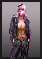 Rule 34 | 1girl, absurdres, black border, black jacket, body writing, border, breasts, cleavage, contrapposto, cowboy shot, earclip, earrings, english text, facepaint, fashion, fringe trim, grey background, hands in pockets, highres, hololive, hololive english, holomyth, jacket, jewelry, korean commentary, long hair, long sleeves, looking at viewer, mixed-language commentary, mori calliope, myo-zin, necklace, open clothes, open jacket, outside border, pink eyes, pink hair, signature, simple background, solo, standing, straight hair, tiara, tongue, tongue out, uneven eyes, virtual youtuber
