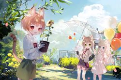 Rule 34 | 3girls, amafuyu, animal ear fluff, animal ears, arms up, bag, balloon, black shirt, blonde hair, blue eyes, braid, brown hair, brown shorts, cat ears, cat girl, cat tail, child, cloud, cloudy sky, collar, day, dress, flower, flower pot, green eyes, green shorts, handbag, highres, holding, holding balloon, holding flower pot, holding pot, holding umbrella, long hair, looking at another, looking at viewer, low twintails, multiple girls, open mouth, original, outdoors, petals, plant, poncho, pot, potted plant, red eyes, shirt, short hair, shorts, sky, smile, sundress, sunflower, tail, twin braids, twintails, umbrella, white dress, white shirt, yellow flower