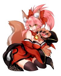 Rule 34 | 1girl, animal ears, animal hands, bell, breasts, cleavage, collar, fang, fate/grand order, fate (series), fox ears, fox tail, hair ribbon, highres, large breasts, long hair, looking at viewer, moov (mb 52), neck bell, open mouth, pink hair, ribbon, simple background, solo, tail, tamamo (fate), tamamo cat (fate), tamamo cat (first ascension) (fate), tamamo no mae (fate/extra), white background, yellow eyes